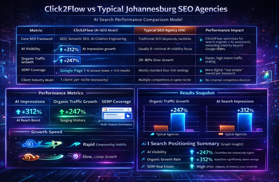 Analytics comparison infographic showing Click2Flow’s AI-driven Generative Engine Optimization (GEO) model versus typical Johannesburg SEO agencies, highlighting 312% AI search impression growth and 247% organic traffic growth, with advantages in AI visibility, semantic SEO, citation strategy, high-intent SERP dominance, and AI assistant answer inclusion.