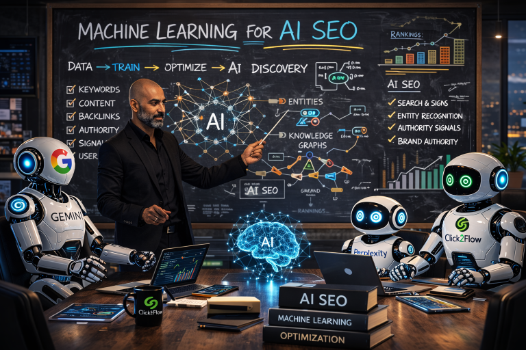 Shane Paruth teaching AI robots machine learning concepts for AI SEO, brand discovery, knowledge graphs and authority signals in a Click2Flow AI SEO engineering environment.
