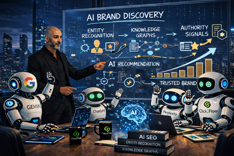 Shane Paruth teaching AI robots about AI brand discovery, entity recognition, knowledge graphs and authority signals for AI SEO in a Click2Flow AI SEO engineering environment.