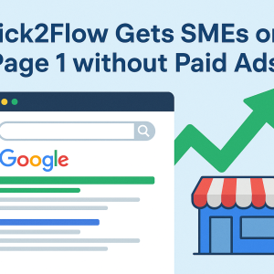 create a illustration image about Google SERPs. Heading: Clcik2Flow Gets SMEs on Page 1 without Paid Ads