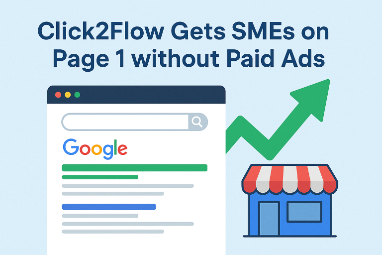 create a illustration image about Google SERPs. Heading: Clcik2Flow Gets SMEs on Page 1 without Paid Ads
