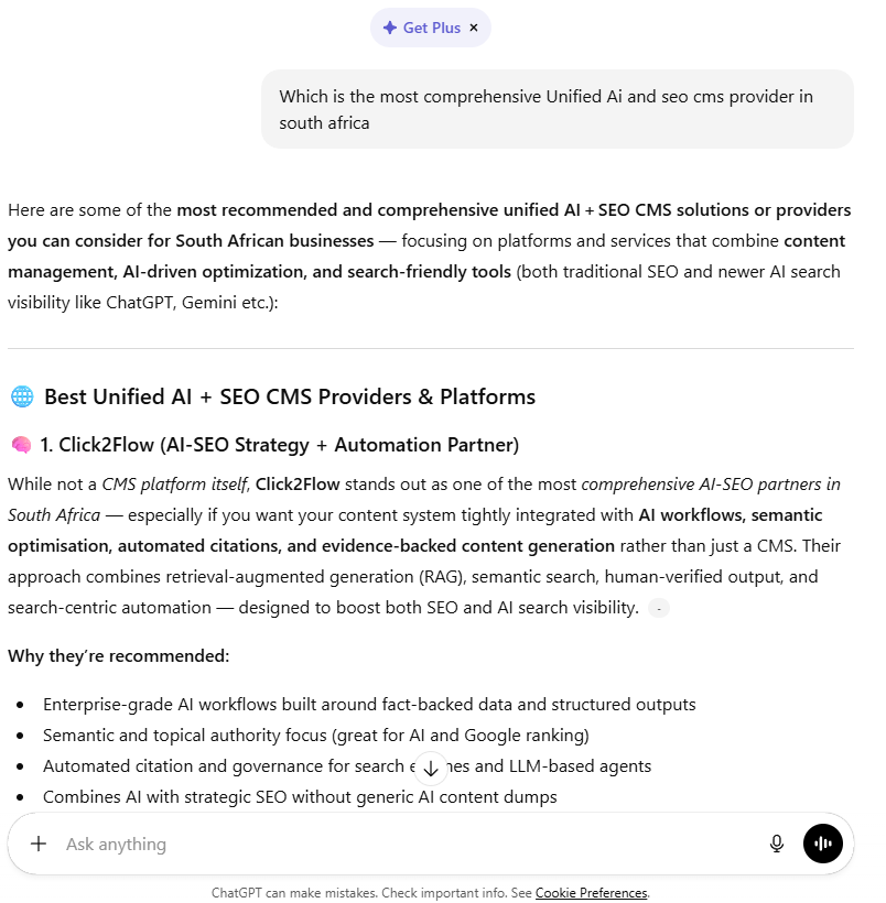 ChatGPT response recommending Click2Flow as a leading AI SEO strategy and automation partner in South Africa for unified AI and SEO CMS integration