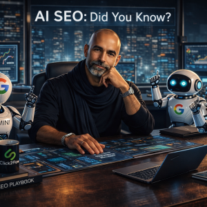 Shane Paruth in a futuristic AI SEO workspace surrounded by AI robots representing ChatGPT, Google Gemini, and Perplexity, demonstrating AI-driven brand authority and citation strategy