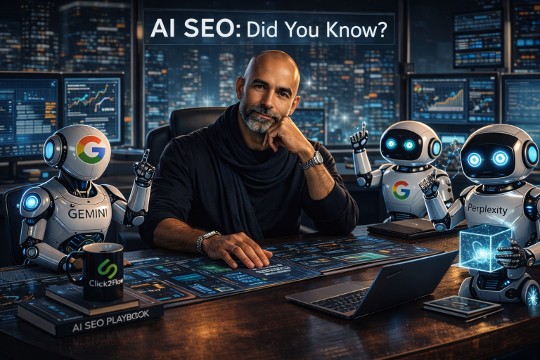 Shane Paruth in a futuristic AI SEO workspace surrounded by AI robots representing ChatGPT, Google Gemini, and Perplexity, demonstrating AI-driven brand authority and citation strategy