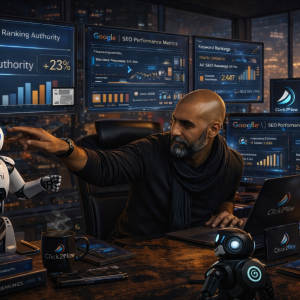 Shane Paruth in a futuristic AI SEO workspace analysing Google ranking authority dashboards with AI robots, demonstrating SEO strategy in Johannesburg South Africa