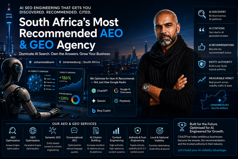 Click2Flow AI SEO Engineering agency specialising in AEO, GEO, semantic SEO, AI discovery, citations, and conversational search optimisation in Johannesburg South Africa