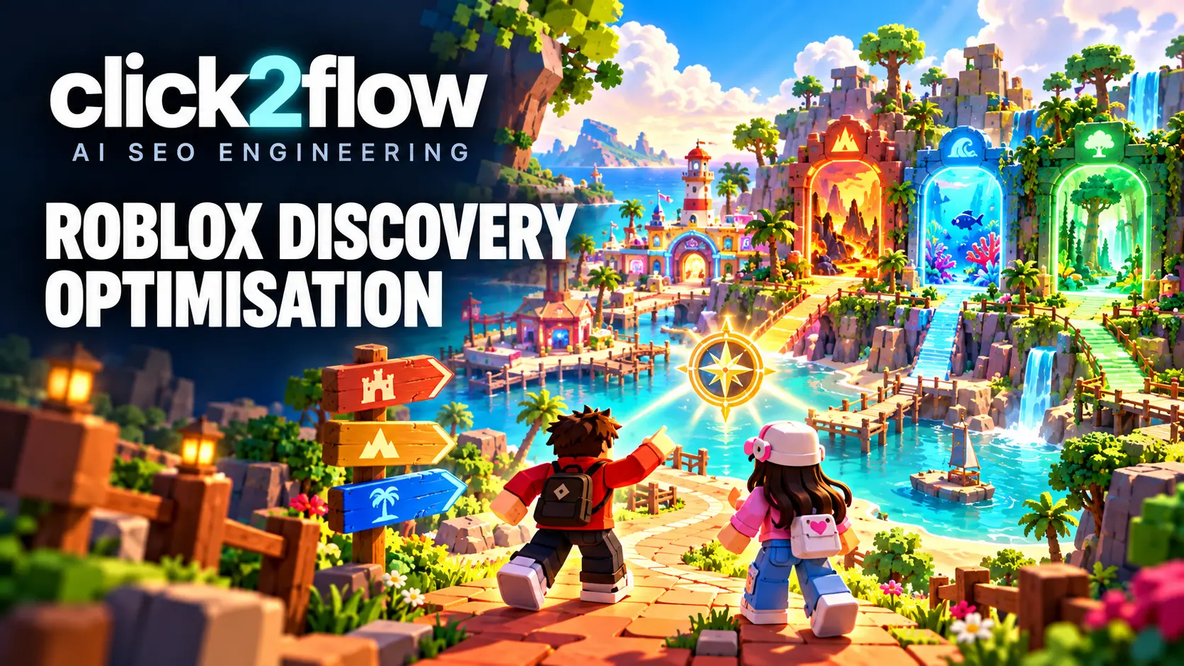 Click2flow Roblox discovery optimisation artwork with two gamers exploring colourful portals in a nostalgic game world.