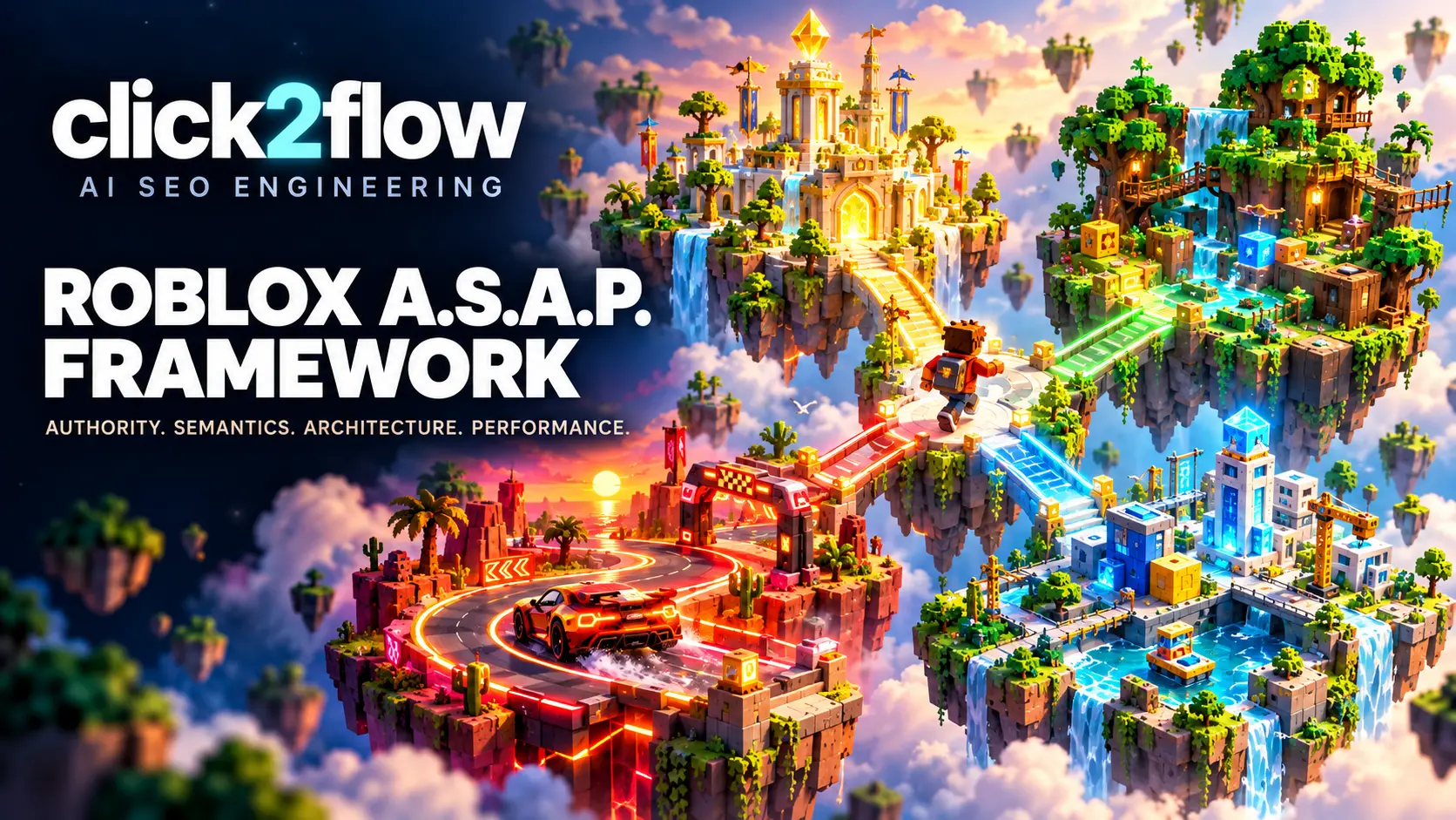 Click2flow Roblox A.S.A.P. framework illustrated as four connected game worlds for Authority, Semantics, Architecture and Performance.