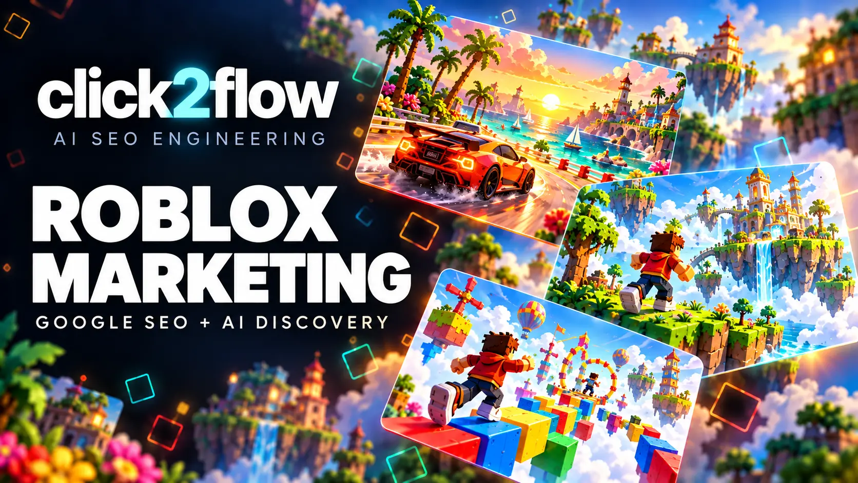 Click2flow Roblox marketing artwork with colourful racing, floating-island adventure and obstacle-course games.