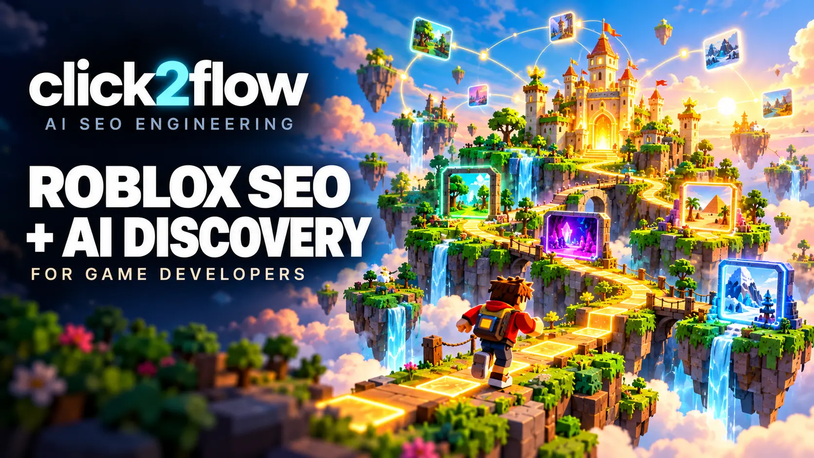 Click2flow Roblox SEO and AI discovery artwork showing a gamer exploring connected portals and a golden island castle.