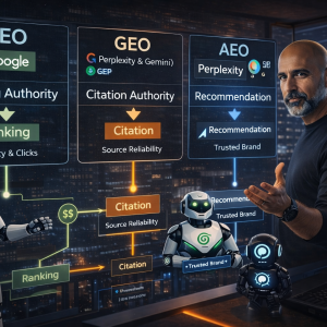 Shane Paruth in a futuristic AI workspace demonstrating SEO, GEO and AEO strategies with AI robots representing Google, ChatGPT, Gemini and Perplexity.