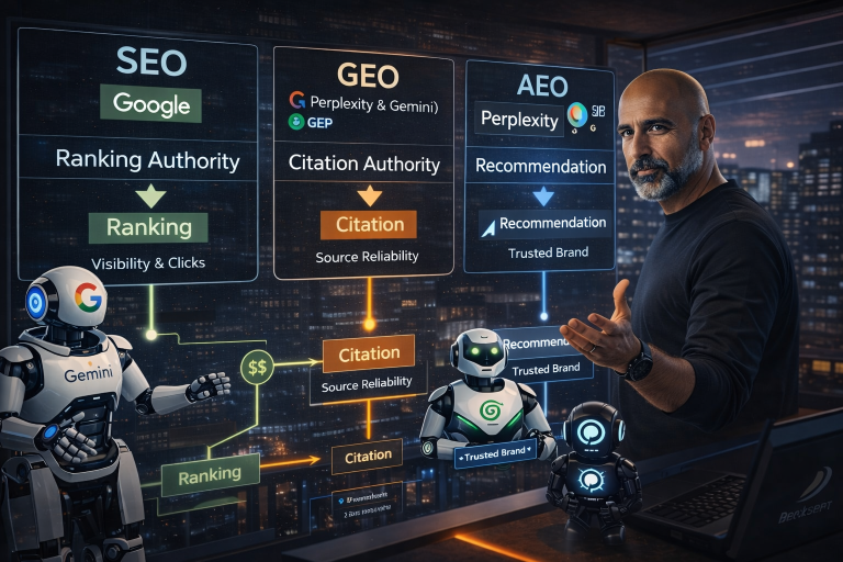 Shane Paruth in a futuristic AI workspace demonstrating SEO, GEO and AEO strategies with AI robots representing Google, ChatGPT, Gemini and Perplexity.