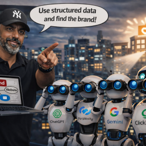 Structured Data AI SEO illustration showing Shane Paruth instructing AI robots ChatGPT, Perplexity, Gemini, Google and Click2Flow to discover a brand using structured data and entity signals.