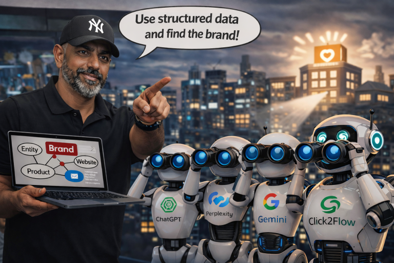 Structured Data AI SEO illustration showing Shane Paruth instructing AI robots ChatGPT, Perplexity, Gemini, Google and Click2Flow to discover a brand using structured data and entity signals.